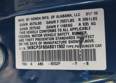 2010 Honda Accord 3.5 Ex-L z USA, uszkodzony, nr VIN 5KBCP3F80AB011902